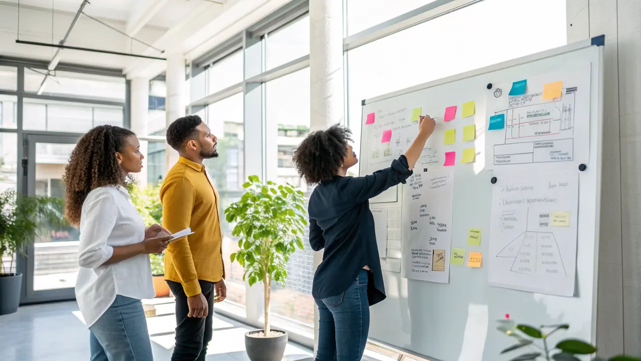 Team arbeitet gemeinsam an einem Whiteboard mit KI-Workflow-Diagrammen in einem modernen Büro